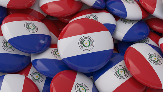 3d rendering of a lot of badges with the Paraguayan flag in a close up view