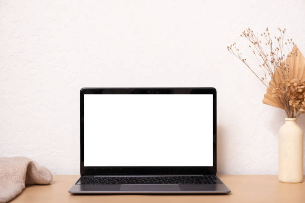 istock Laptop computer with blank screen, dried grass bouquet and sweater. Aesthetic influencer boho styled interior design template with mockup laptop, copy space 1411171648
