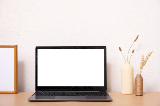 istock Laptop computer with blank screen, dried grass bouquet and vases. Aesthetic influencer boho styled interior design template with mockup laptop, copy space 1411171649