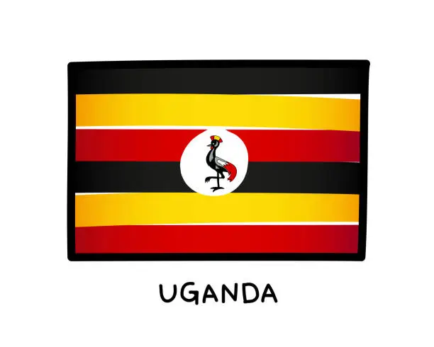 Vector illustration of Flag of Uganda. Colorful Uganda flag logo. Black, yellow and red brush strokes, hand drawn. Black outline. Vector illustration