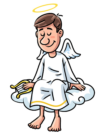 Vector illustration of a male angel sitting on a cloud looking down on earth, isolated on white. Concept for heaven, afterlife, guardian angels and religion.