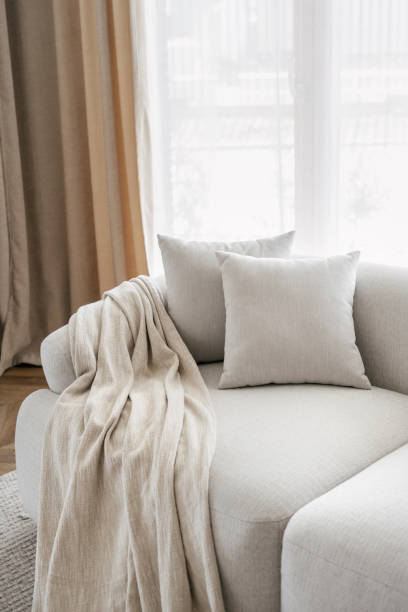 Pillows and blanket on soft couch in living room Cropped view of pillows and blanket on modern soft sofa in living room. House after renovation. Relax concept. Home comfort. Apartment interior details. Hotel room plaid couch stock pictures, royalty-free photos & images