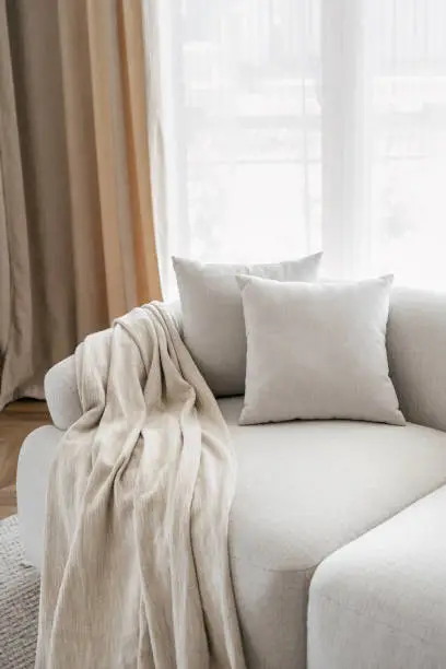 Photo of Pillows and blanket on soft couch in living room