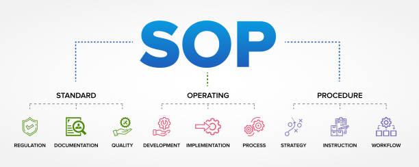 ilustraciones, imágenes clip art, dibujos animados e iconos de stock de sop - procedimiento operativo estándar concepto de iconos vectoriales conjunto de fondo de infografía. - routine