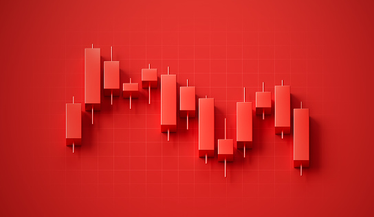 Crisis investment business stock market on red candlestick 3d background with down financial trade graph or global economy money price finance chart and economic crash recession currency sale diagram.