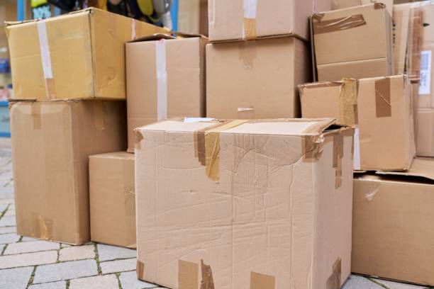 Lots of cardboard boxes, used boxes, product packaging, waste paper boxes stock photo
