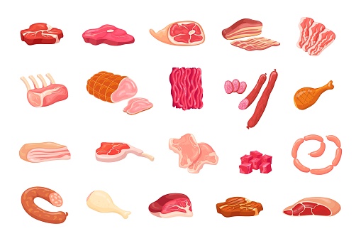 Cartoon meat variety. Pork and beef delicatessen for cooking lomo gourmet foods sausage clipart ham chicken pepperoni fresh wurst raw steak bbq bacon slice, set vector illustration of beef and ham