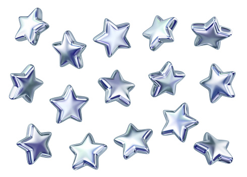 Set of  flying silver stars isolated on white background. 3D rendering