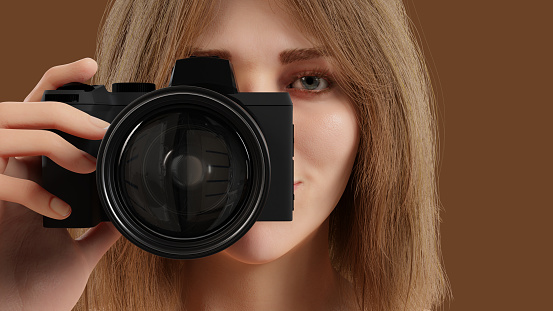 woman holding digital camera looking to shoot a photography professional photographer 3D illustration