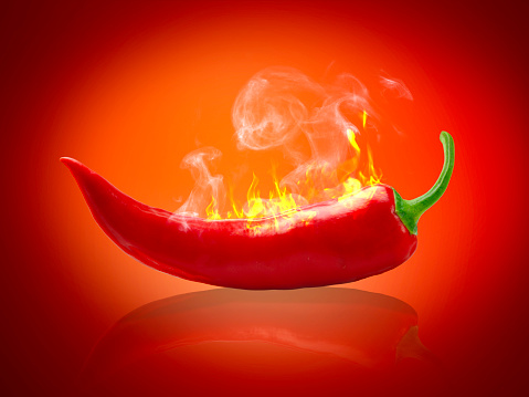 Chilli peppers with fire, spicy chili. Fresh red chilli pepper in fire as a symbol of burning feeling of spicy food and spices.