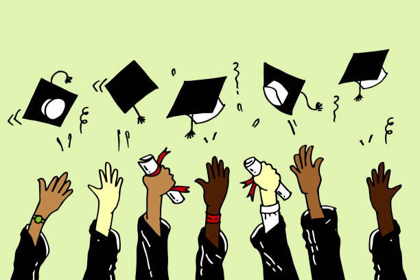 istock doodle hands up Graduation Caps Thrown in the Air. vector illustration 1411176729