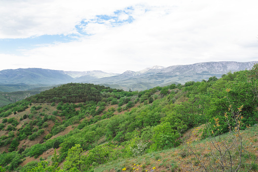 Bizarre rocks in Dead city. Khoba-Tele Ridge of Karadag Reserve in early spring. Crimea