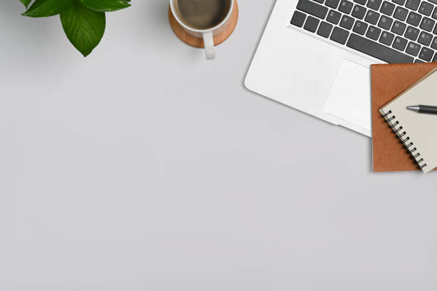 Minimal workplace with laptop computer, coffee cup, notebook and houseplant. Top view with copy space.
