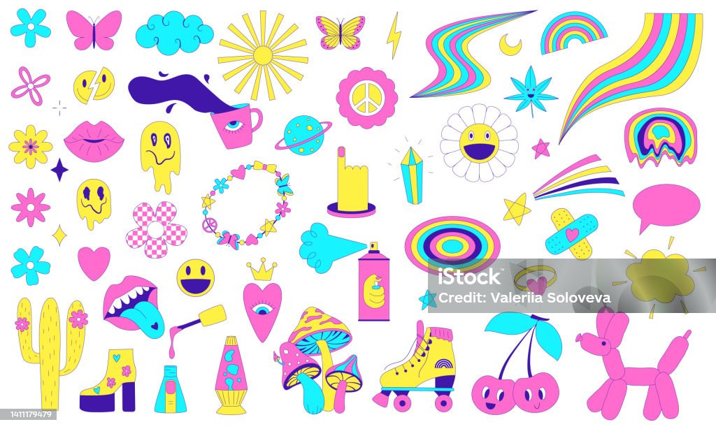 A Set Of Y2k Stickers With Funky Trendy Surreal Elements Rainbow Smiley  Face Psychedelic Mushrooms A Set Of Comic Acid Stickers From 2000s Weird  Vector Illustration Isolated On White Stock Illustration 