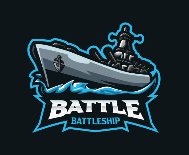 illustrazioni stock, clip art, cartoni animati e icone di tendenza di design del logo della mascotte della corazzata - battleship