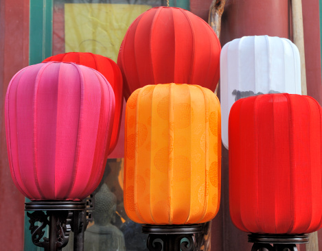 Various Chinese  lanterns outside a small shop in Beijing, China
