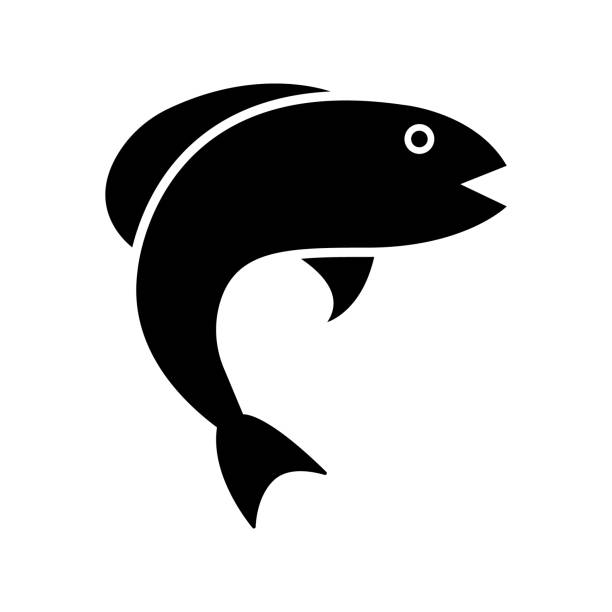 フィッシュシーブラックシルエットアイコン。釣りウォータープレイスグリフピクトグラム。健康的な水生水泳動物野生生物フラットシンボル。新鮮なシーフードサーモンの形をした魚の尾� - tuna fish silhouette saltwater fish点のイラスト素材／クリップアート素材／マンガ素材／アイコン素材