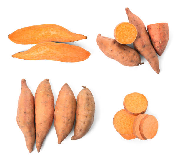 istock Set with fresh sweet potatoes on white background , top view 1411184241