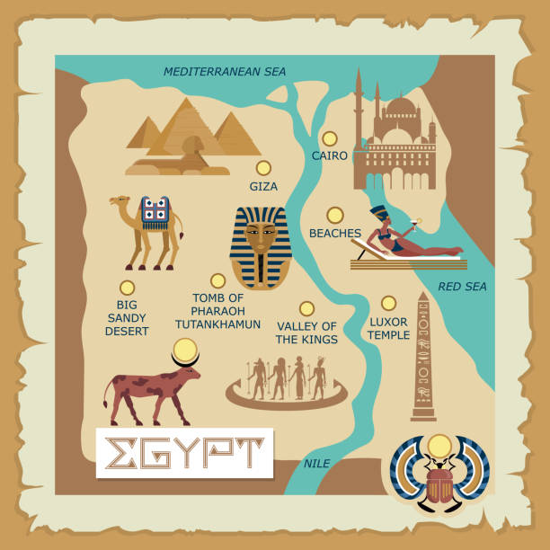 Egypt ancient map. Egyptian travel landmark. African country. Cairo or Luxor. Pharaoh tomb. Giza pyramids and Sphinx. Antique architecture. Vector background with cultural tourism icons Egypt ancient map. Egyptian travel landmark. African country. Cairo or Luxor. Pharaoh tomb. Famous Giza pyramids and Sphinx. Antique architecture. Vector papyrus background with cultural tourism icons cairo stock illustrations