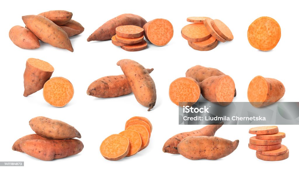 Set with fresh sweet potatoes on white background Cut Out Stock Photo