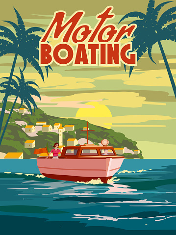 Motor Boating Trip poster retro, boat on the osean, sea. Tropical cruise, sailboat, palms, summertime travel vacation. Vector illustration vintage style