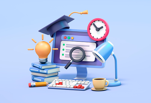 Illustration of computer, light bulb, stack of books, table lamp, cup, pencil, watch, graduate's hat, web page, magnifying glass. 3d render