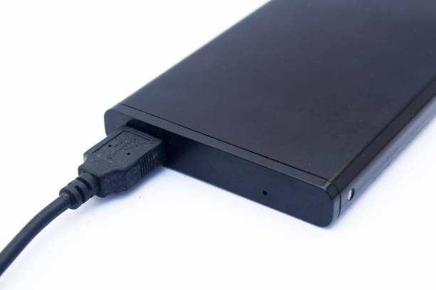 istock External or portable hard drive (HDD) for transfer or backup data. Isolated on white background. Selective focus, closeup 1411185852