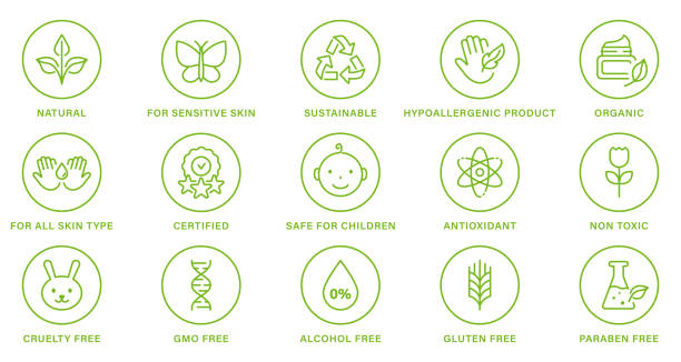 ilustrações de stock, clip art, desenhos animados e ícones de cosmetic organic product line green set stamp. natural healthy eco bio food, cruelty free, non alcohol and paraben label. nature sustainable product outline sticker. isolated vector illustration - healthy eating food and drink nutrition label food