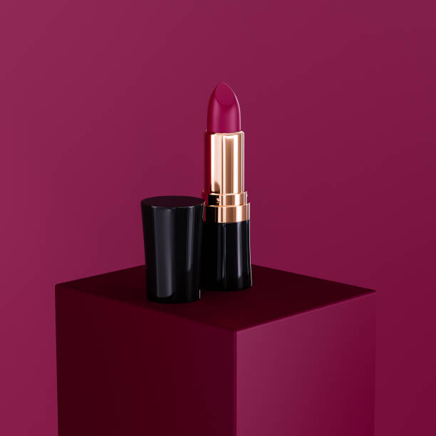 istock Premium Deep Red lipstick product on square stage. Isolated on red background. Lipstick 3d illustration 1411187163