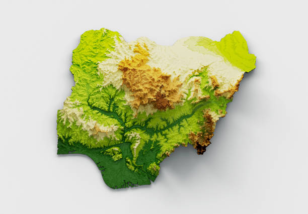 Nigeria Map Shaded relief Color Height map on white Background 3d illustration\nSource Map Data: tangrams.github.io/heightmapper/\nSoftware Cinema 4d