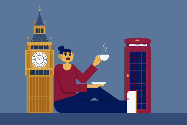 girl is drinking tea next to Big Ben and a phone booth. English theme. cartoon vector illustration girl is drinking tea next to Big Ben and a phone booth. English theme. cartoon vector illustration big ben stock illustrations