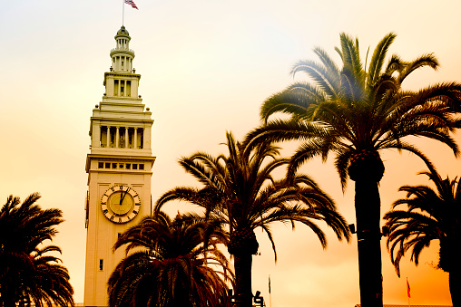 Clock tower in historic Ferry Building, Embarcadero Plaza, downtown San Francisco, California, USA.