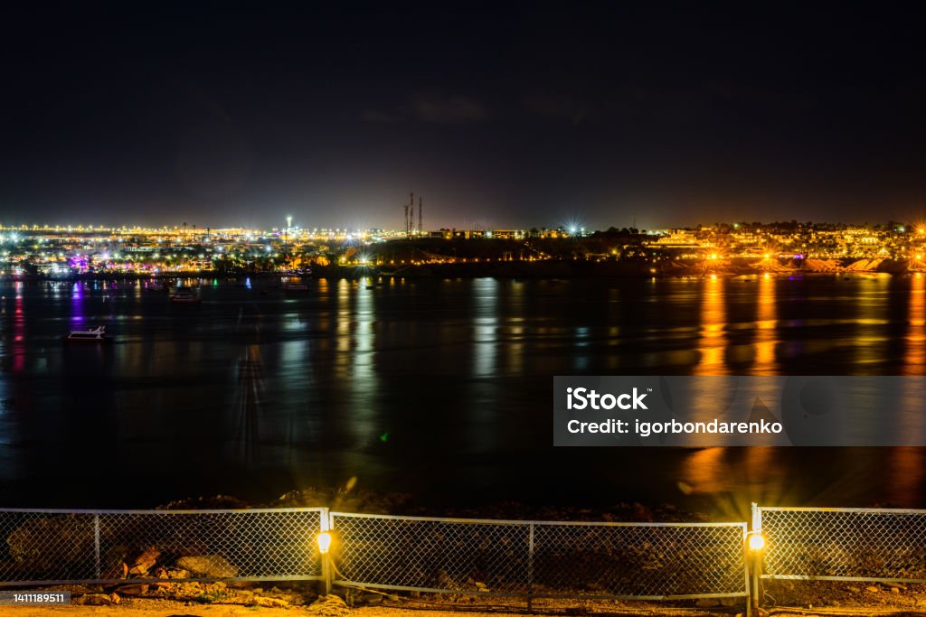 View of the egyptian resort city Sharm El Sheikh at night View of egyptian resort city Sharm El Sheikh at night Bay of Water Stock Photo