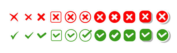 True false icon, correct and incorrect. Green check mark and red cross icon. true false icon fake stock illustrations