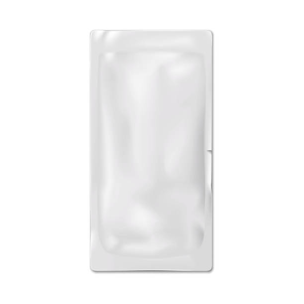 istock Blank white sachet packet with single tear notch vector mock-up. Plastic pouch template. Food, medical or cosmetic product individual package mockup 1411189960