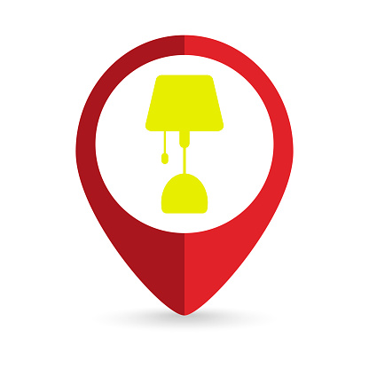 Map pointer with table lamp icon. Vector illustration..