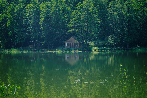 small wooden house on the shore of the lake among the trees on a summer day