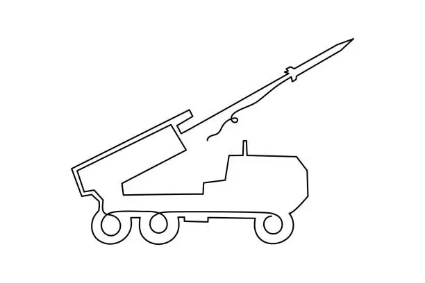 Vector illustration of Multiple launch rocket system HIMARS,one line art.Military combat vehicle firing rockets and shells,continuous contour.War equipment,missile tactical artillery,heavy machinery.Editable stroke.