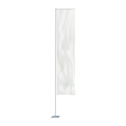 Rectangular white wind dancer event flag vector mock-up. Blank banner on metal pole mockup. Vertical advertising sign template
