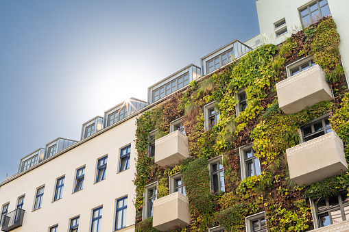 Apartment building with a plant covered facade. This sustainable building helps fight climate change and improves the quality of life of the residents. It can act as a carbon sink.