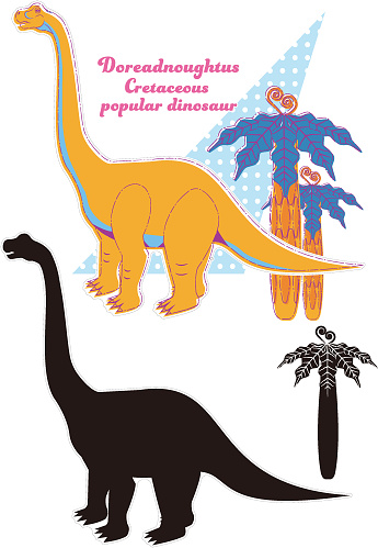 Dorad Notas.
Illustration of a Cretaceous dinosaur.
Two types of silhouette and color.