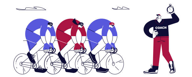 ilustraciones, imágenes clip art, dibujos animados e iconos de stock de bandera de carreras ciclistas con ciclistas masculinos y femeninos y entrenador - cycle racing