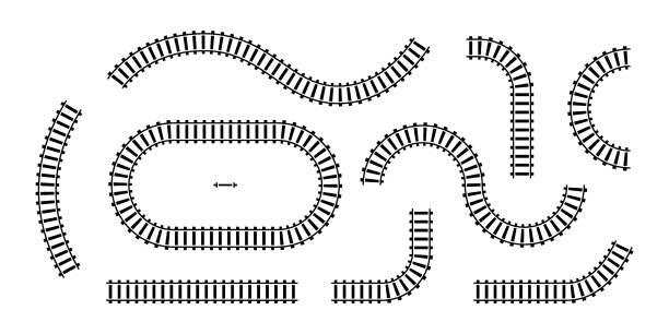 Vector illustration of curved railroad isolated on white background. Straight and curved railway train track icon set. Top view railroad train pathes. Vector illustration of curved railroad isolated on white background. Straight and curved railway train track icon set. Top view railroad train pathes. single lane road footpath dirt road panoramic stock illustrations