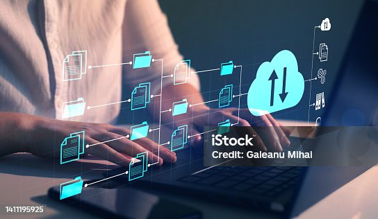 istock Exchange information and data with internet cloud technology.FTP(File Transfer Protocol) files receiver and computer backup copy. File sharing isometric. Digital system for transferring documents 1411195925