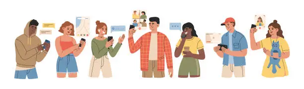 Vector illustration of Young peoples with smartphones. Using gps, making selfie, talking on video call, chatting, looking video