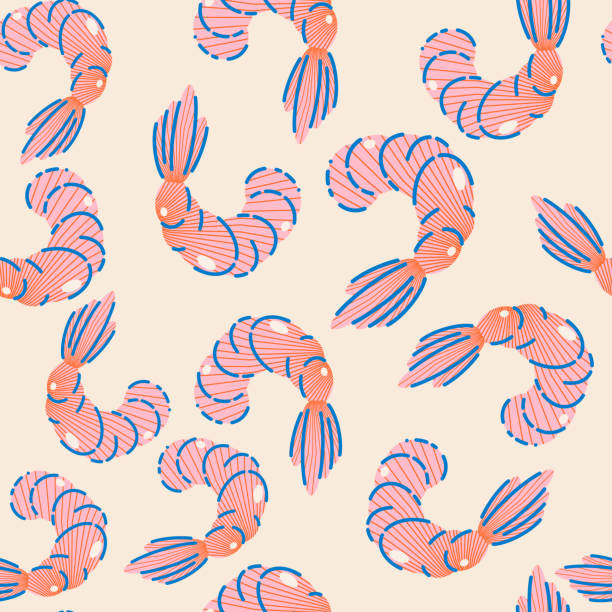 Seamless pattern, background, wrapping paper, illustration, postcard, print with colorful cute shrimps in vector vector art illustration