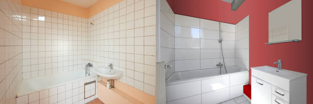 istock Renovation of a bathroom Before and after in horizontal format 1411199069