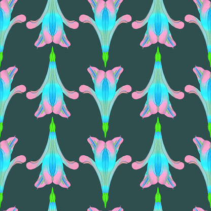 Alstroemeria. Illustration, texture of flowers. Seamless pattern for continuous replication. Floral background, photo collage for textile, cotton fabric. For wallpaper, covers, print.