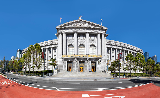 view of historic  City Hall  in downtown San Francisco, California CA, USA.