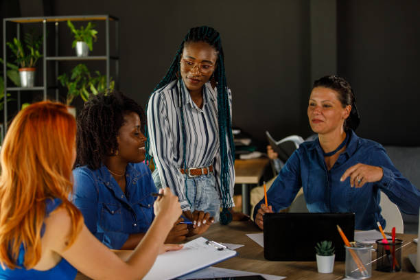 istock Four diverse female entrepreneurs having a meeting, chatting about project ideas 1411202139